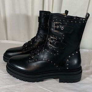 NIB Chelsea & Violet Rhea Studded Leather Buckle Detail Combat Boots, 8.5